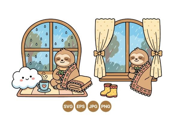 Cozy Sloth Rainy Day Clipart: Graphics for Peaceful Illustrations
