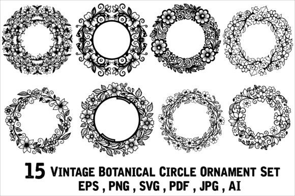 Vintage Botanical Circle Ornament Set: Elegant Graphics for Handmade Crafters